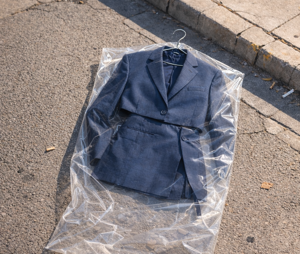Blue jacket on a hanger partially covered with clear plastic on a concrete surface.