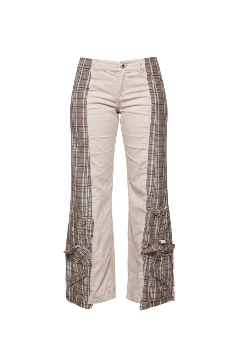 Thoughts Reworked high-waisted baggy pants with mixed fabric panels in beige and plaid. Features cargo pockets and distressed details.