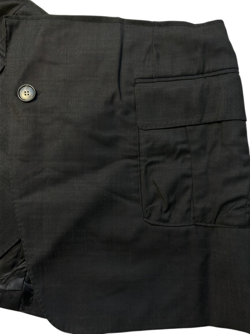 Thoughts Reworked black textured mini skirt with wrap-around design, functional pockets, and button closure.
