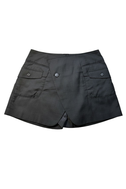 Thoughts Reworked black textured mini skirt with wrap-around design, functional pockets, and single button closure.