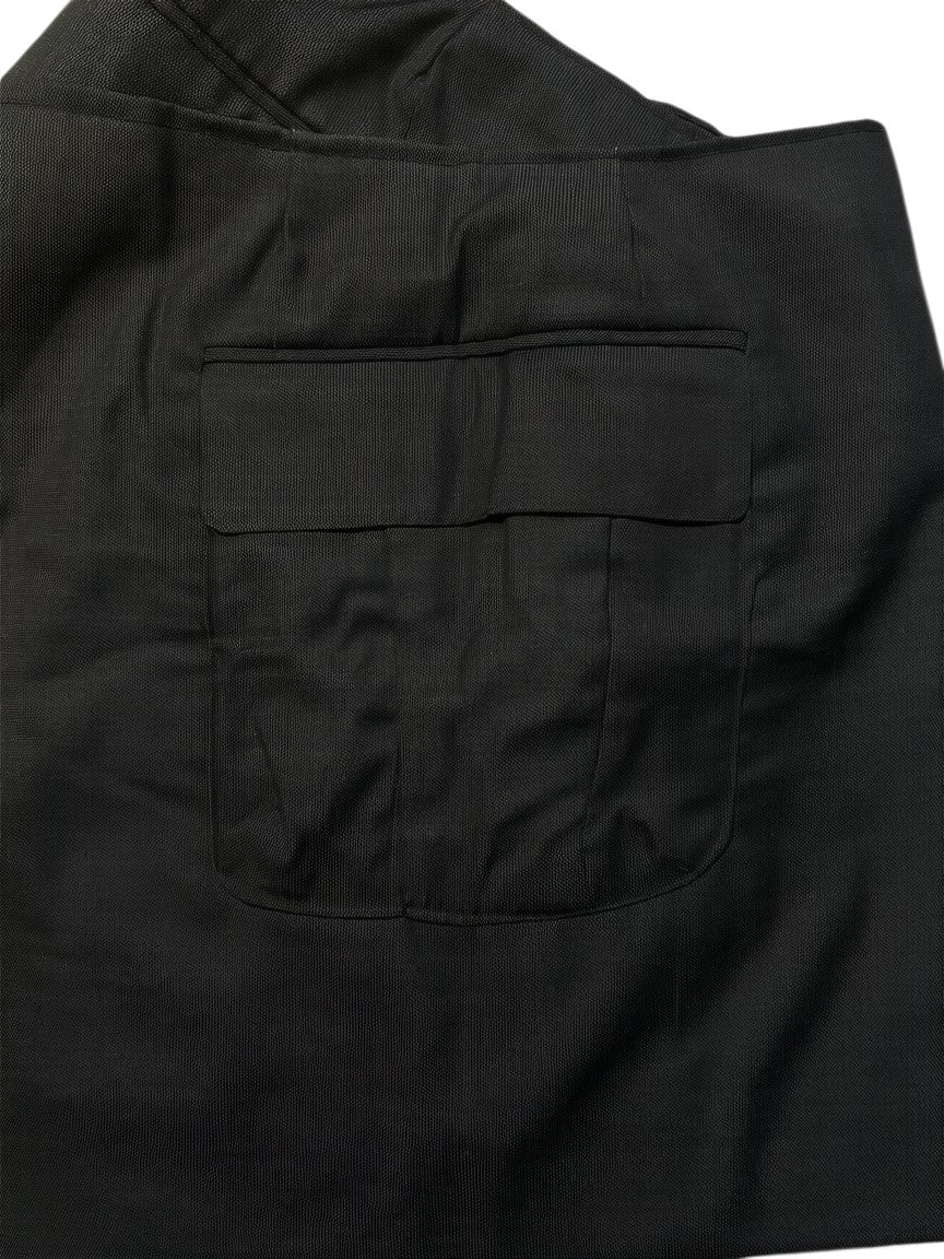 Thoughts Reworked black textured mini skirt with wrap-around design and functional pockets.