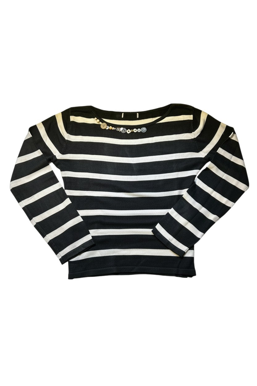 Thoughts Reworked black and white striped knit sweater with button and bead embellishment on crew neck.