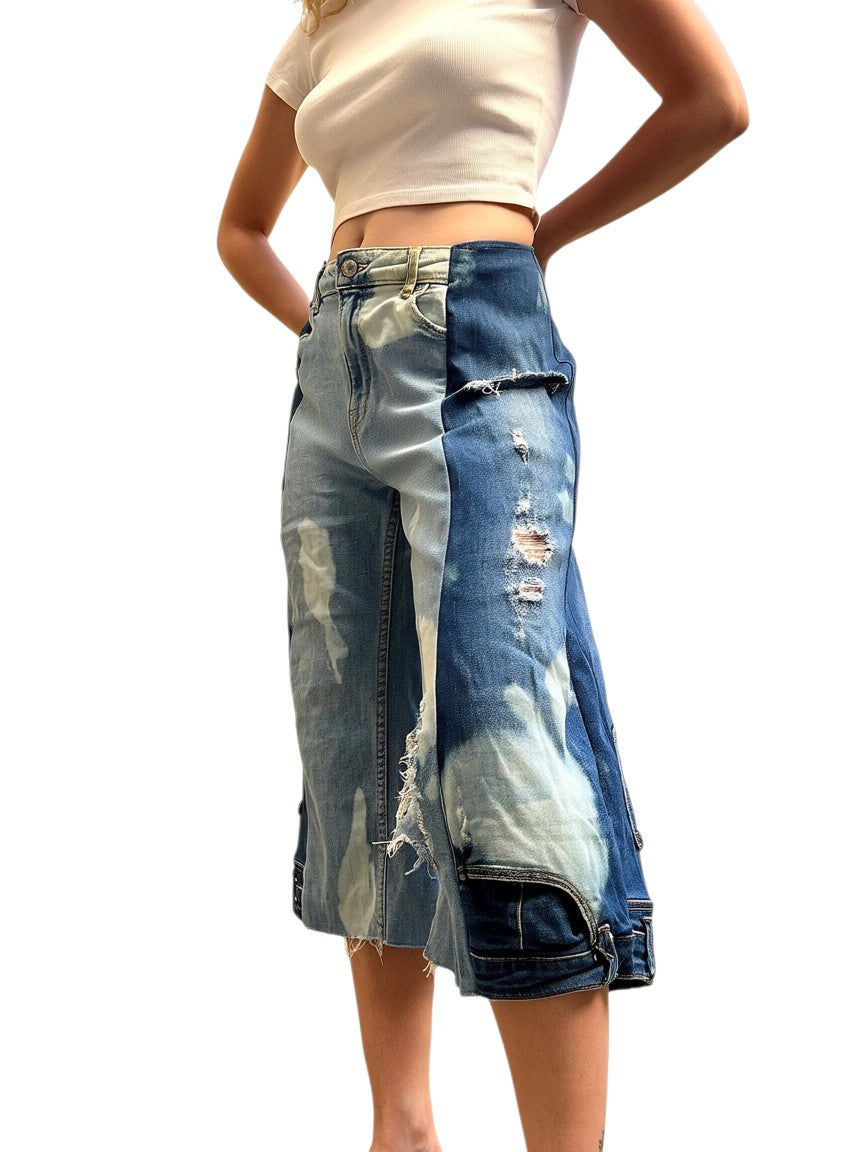Thoughts Reworked blue and bleached denim jorts with distressed details and patchwork design. Model is 1.60m tall.
