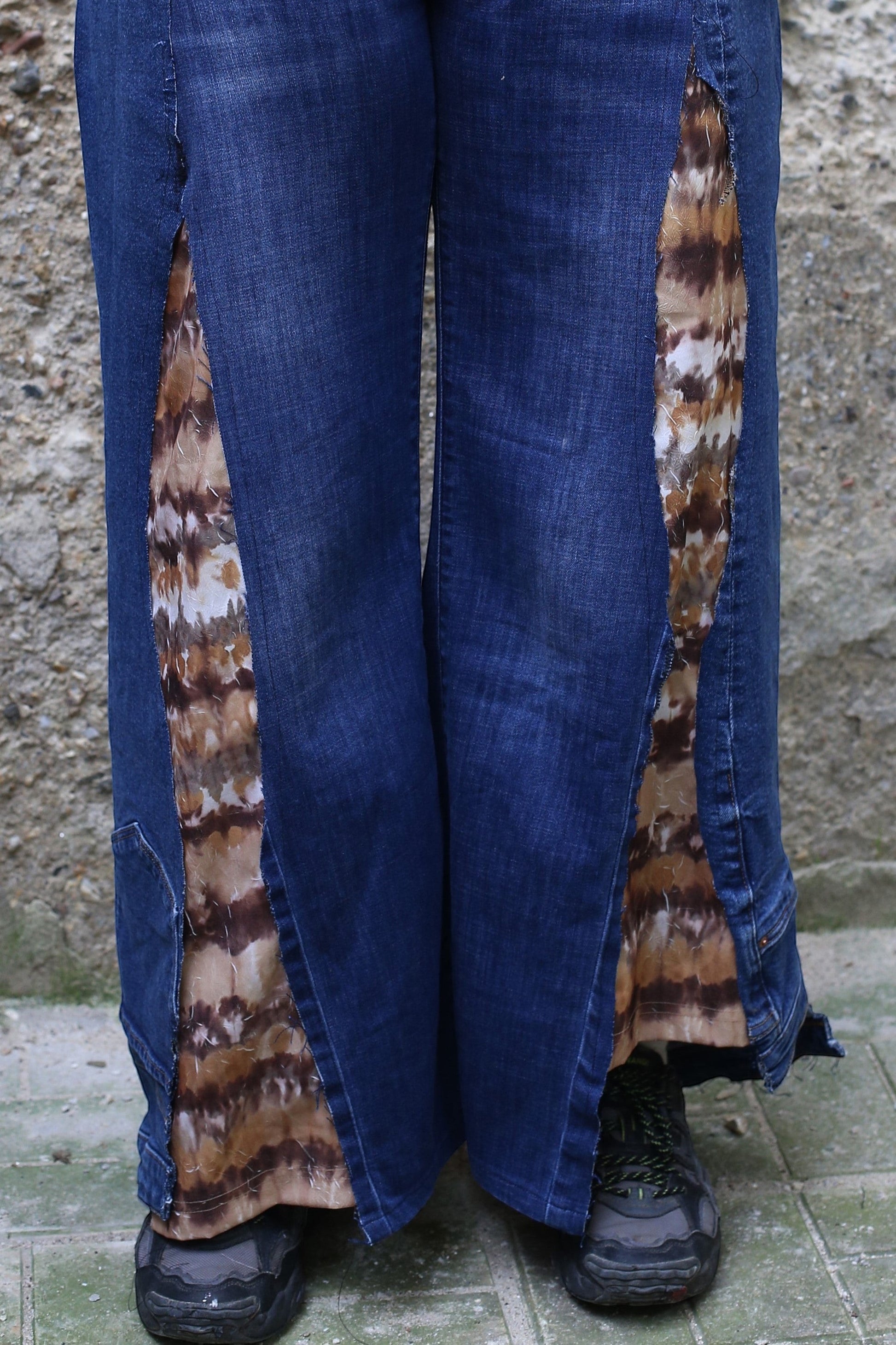 Thoughts Reworked blue denim wide leg pants with brown and white tie-dye fabric panels