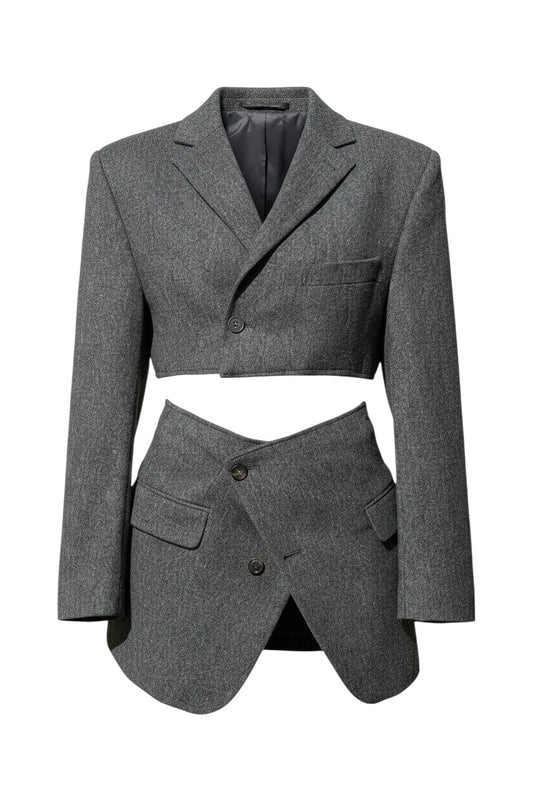 Thoughts Reworked grey wool co-ord set: cropped blazer and asymmetric wrap skirt. Model is 1.70m tall.