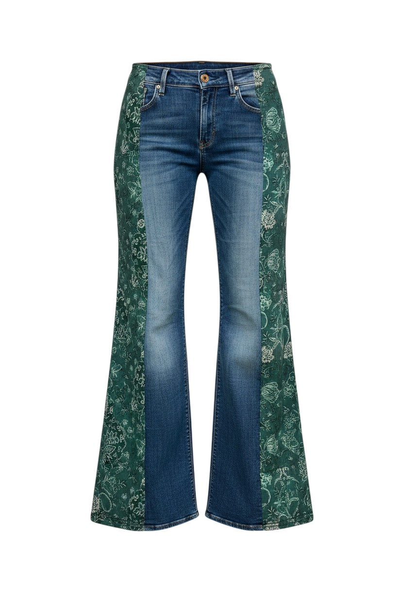 Thoughts Reworked high-waisted baggy indigo denim jeans with green floral print panels. Sustainably made.