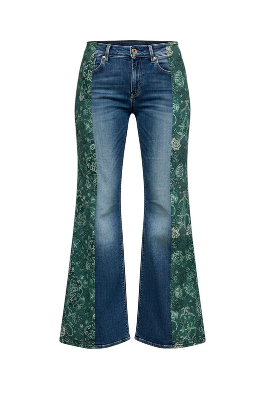Thoughts Reworked high-waisted baggy indigo denim jeans with green floral print panels. Sustainably made.