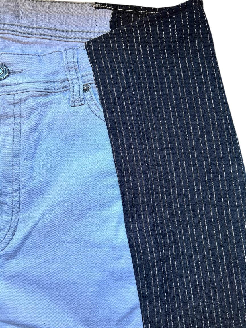 Thoughts Reworked patchwork wide leg denim shorts in light wash denim and navy pinstripe fabric.