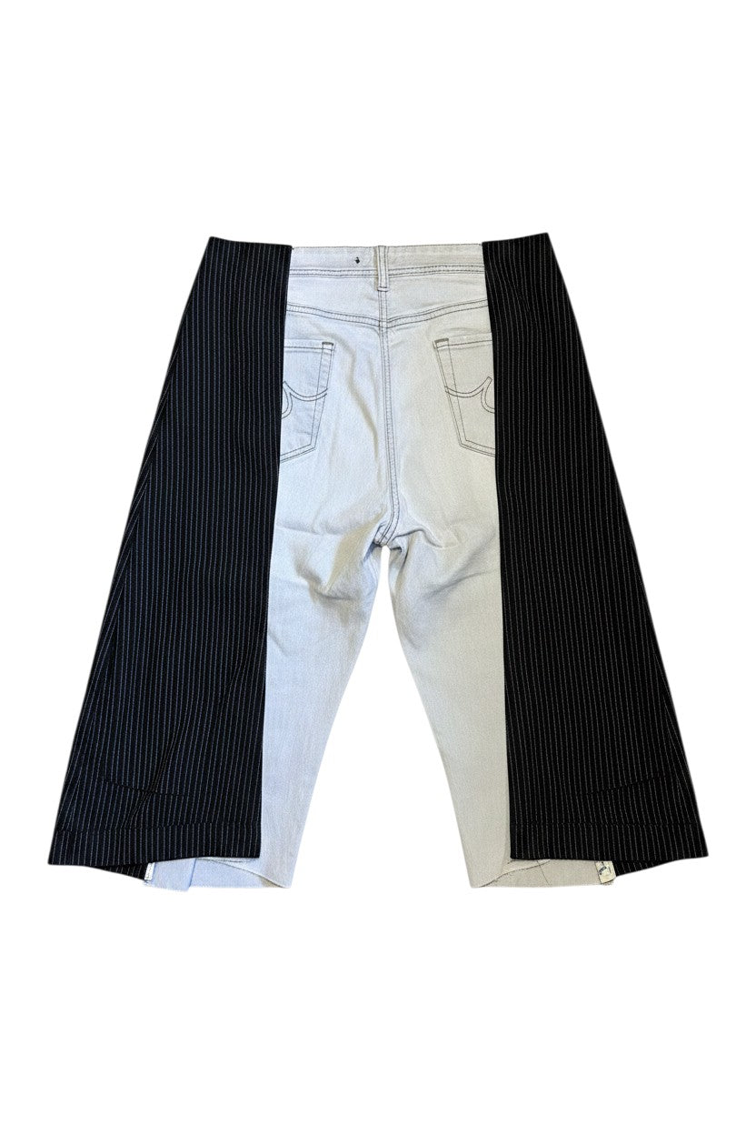 Thoughts Reworked patchwork wide leg denim shorts in light wash denim and black pinstripe fabric. Upcycled, unique design.