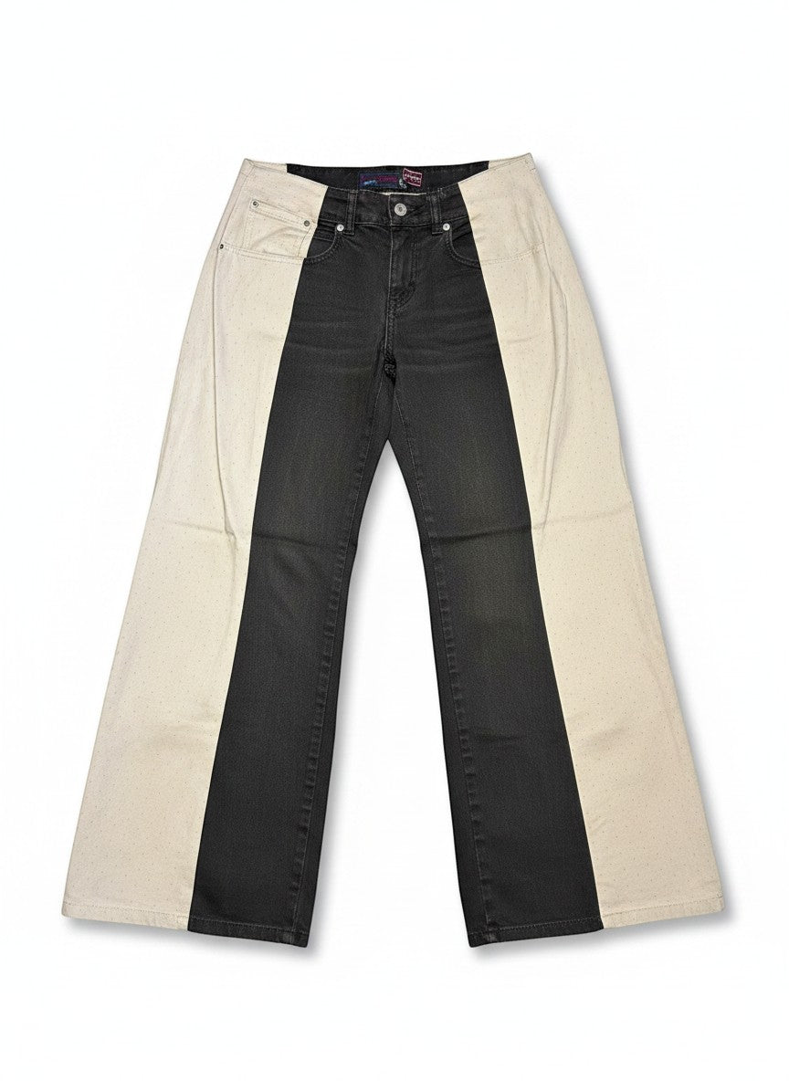 Thoughts Reworked black and beige patchwork wide leg denim jeans with subtle dot pattern on beige panels.