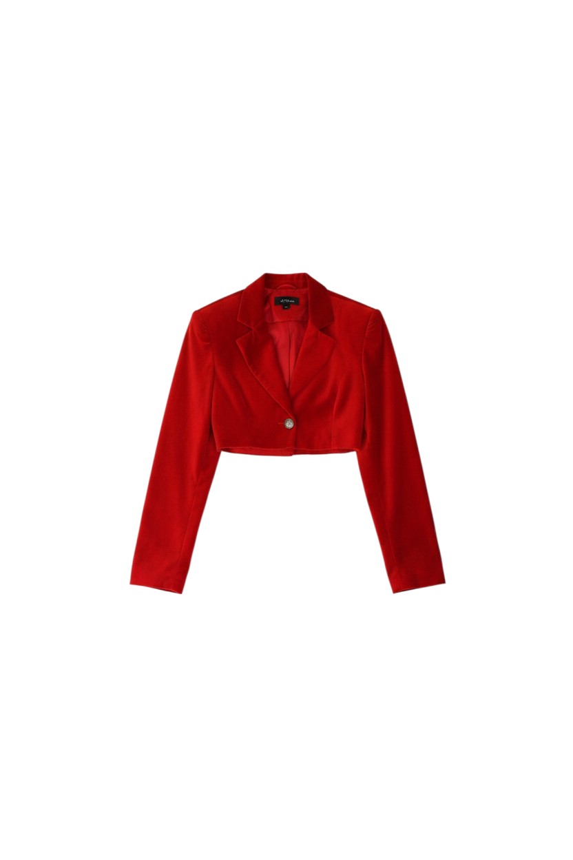 Thoughts Reworked red cropped velvet blazer made from preloved suit, featuring a single button closure and raw hem.