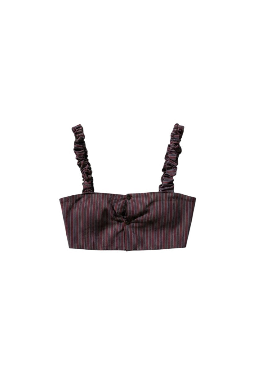 Thoughts Reworked burgundy and navy pinstripe crop top with ruffled straps and button front. Sustainable fashion.