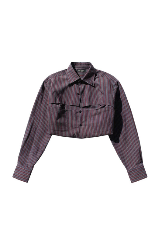 Thoughts Reworked maroon and navy striped cropped shirt with cutouts and elastic straps, worn by a model with sunglasses.