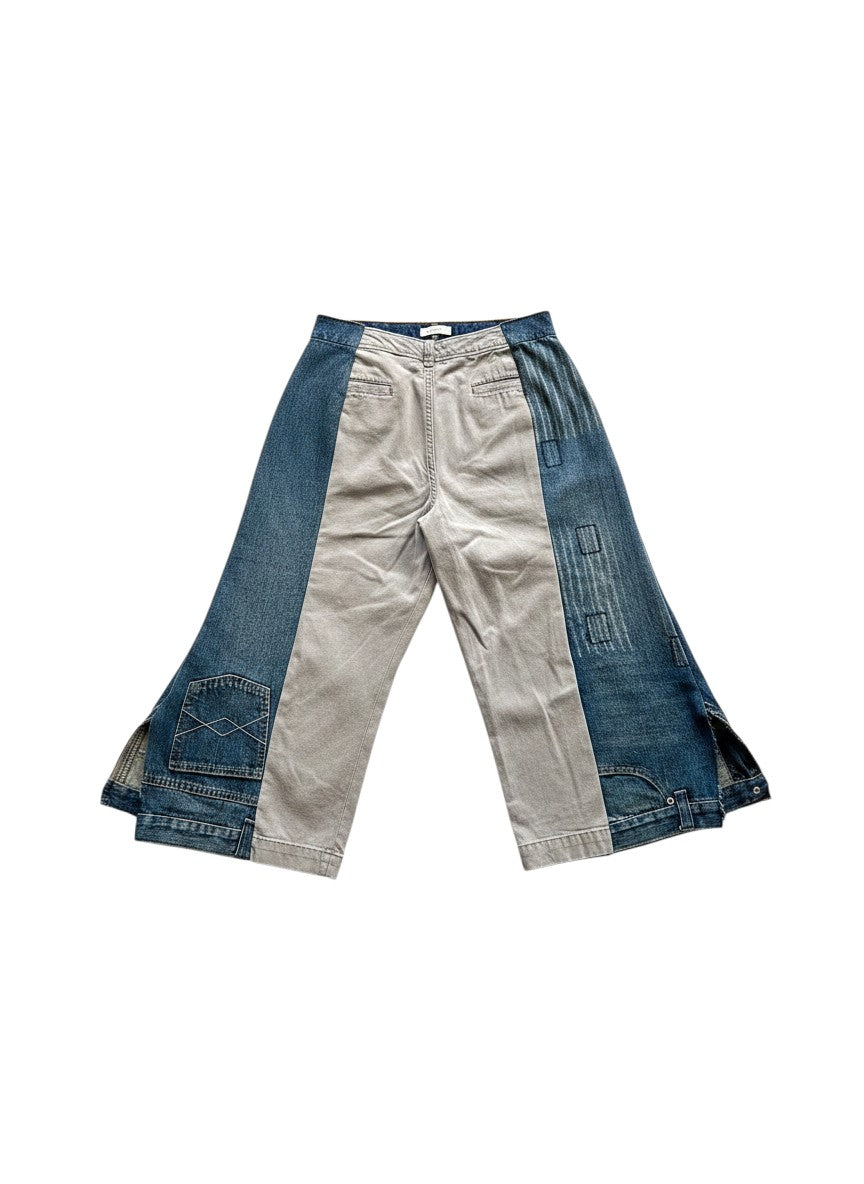 Thoughts Reworked Symmetry jorts, upcycled denim culottes in blue and grey with patchwork details and wide leg.