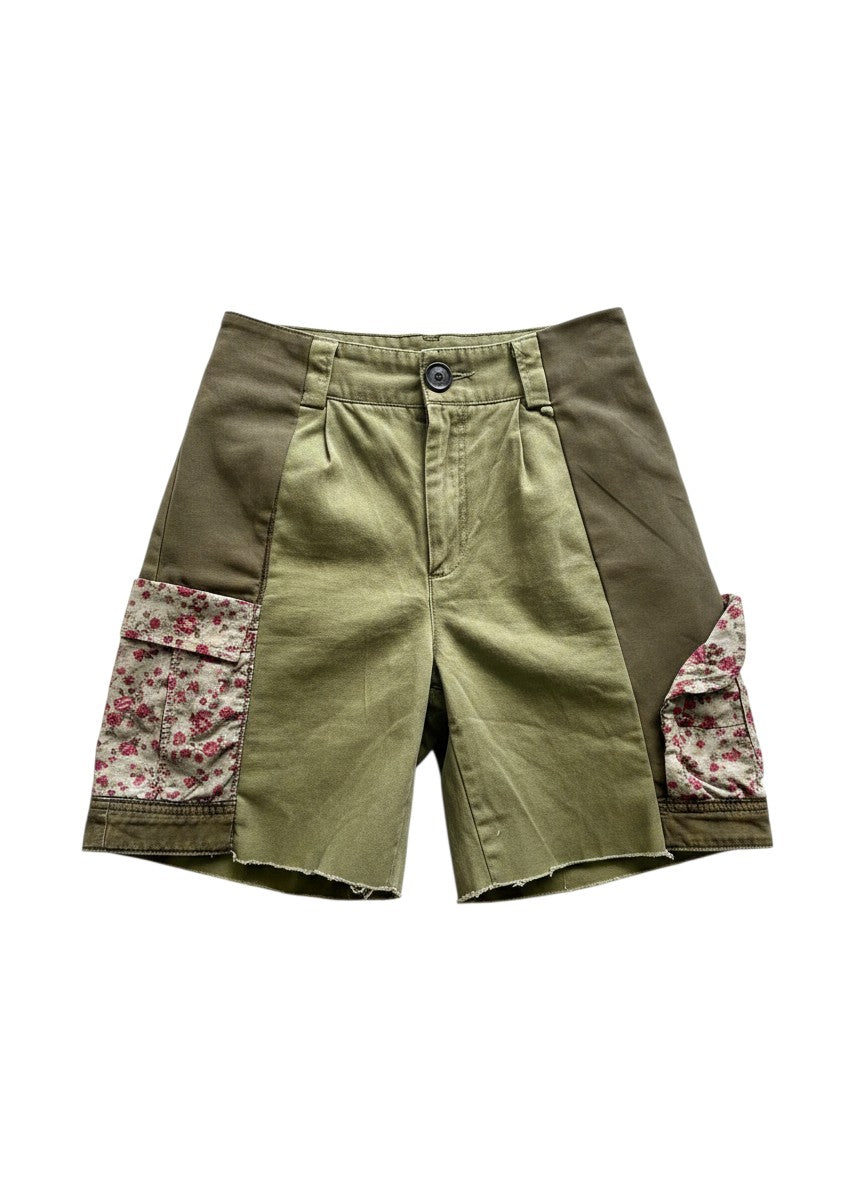 Thoughts Reworked olive green and brown upcycled denim shorts with floral pocket details. One-off design.