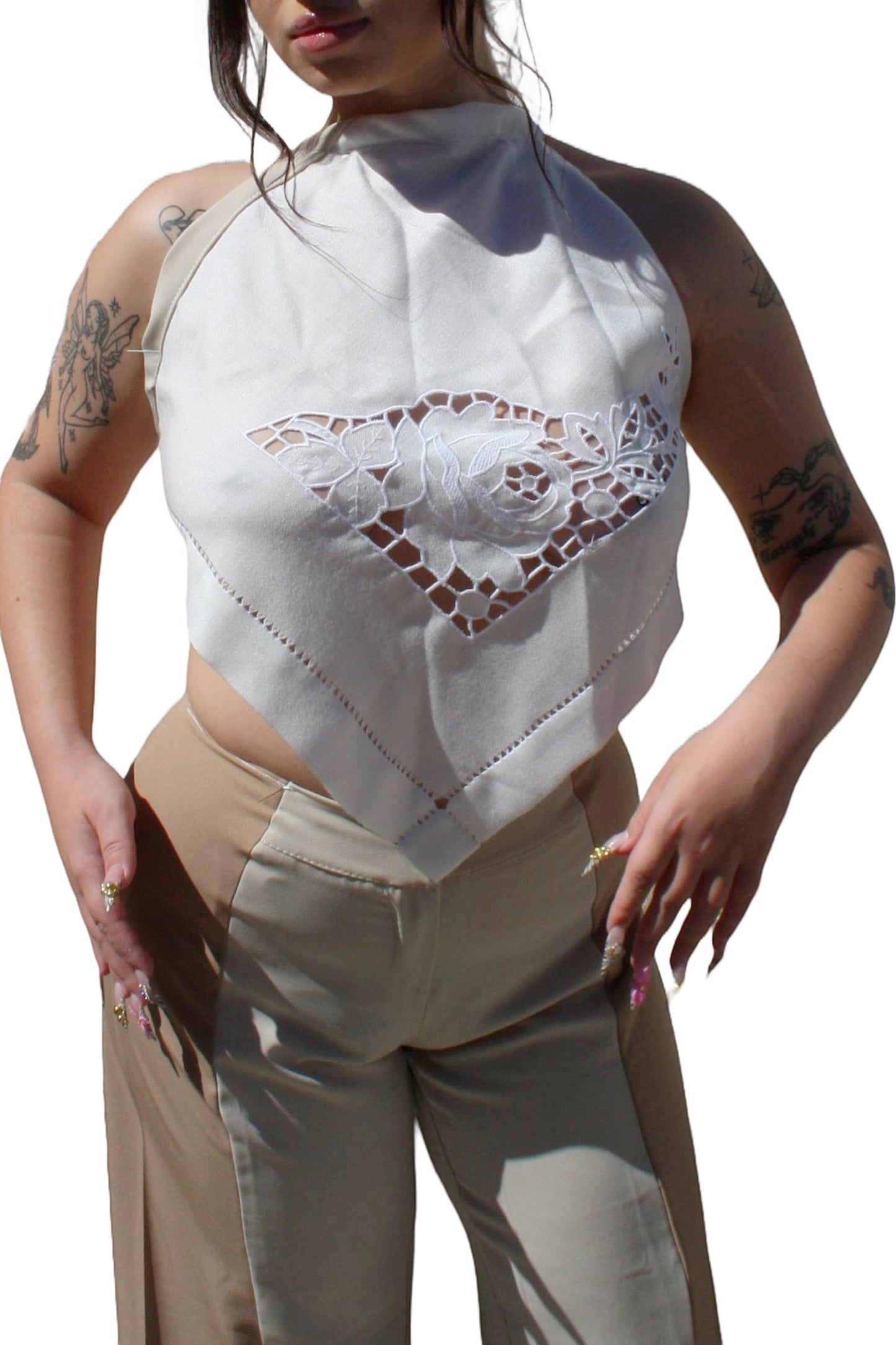 Thoughts Reworked white halter neck crop top made from vintage semedaki tablecloth with floral lace detail