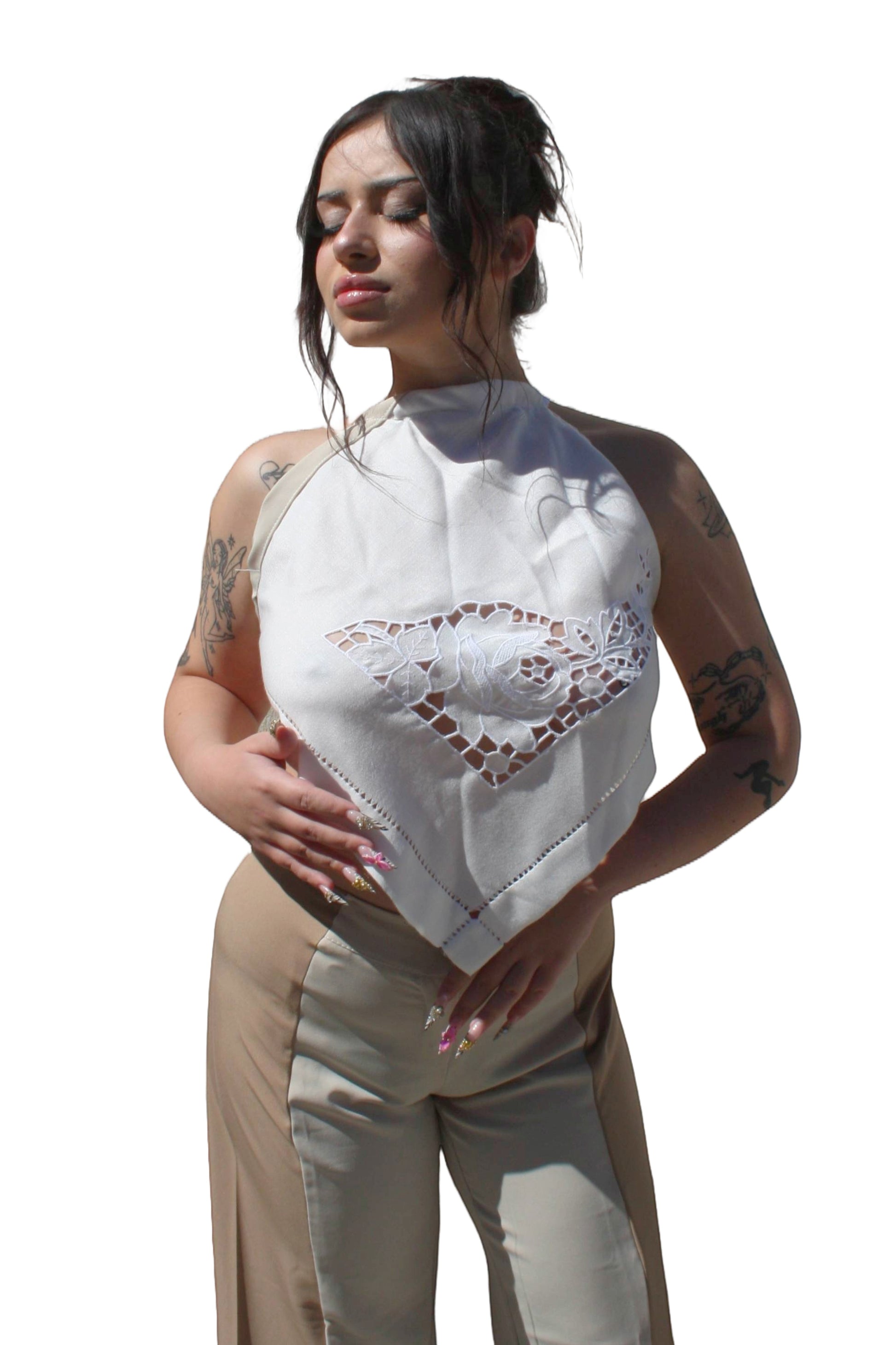 Thoughts Reworked white vintage semedaki tablecloth halter neck top with floral embroidery and cut-out details