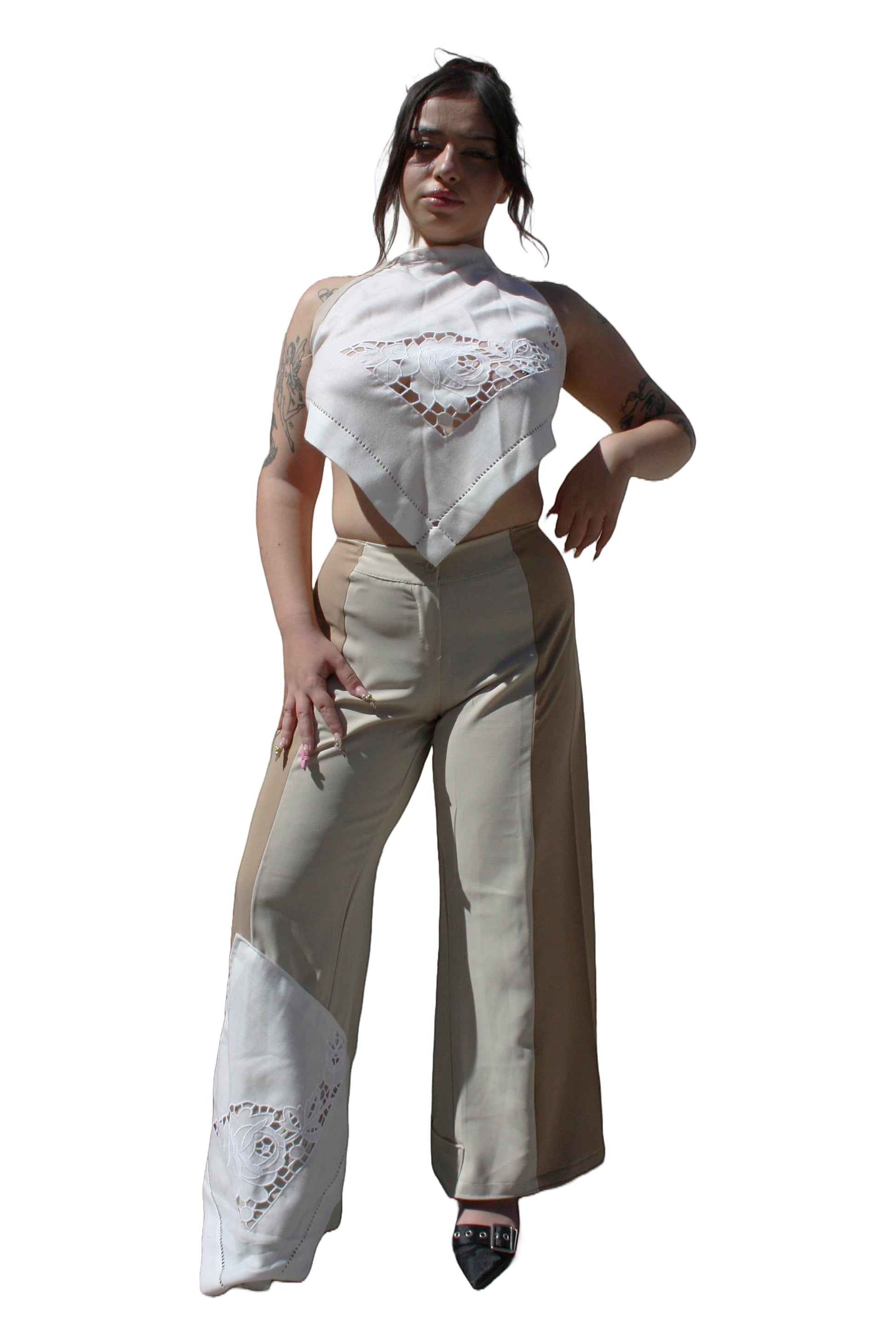 Thoughts Reworked white halter neck crop top made from vintage semedaki tablecloth with lace detail. Sustainable fashion.