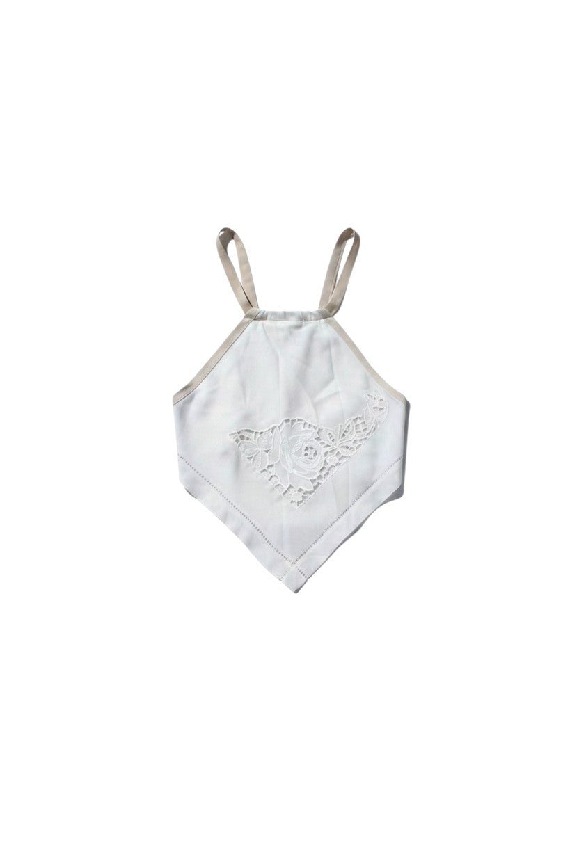 Thoughts Reworked white bandana top made from vintage semedaki tablecloth with lace detail and beige straps.