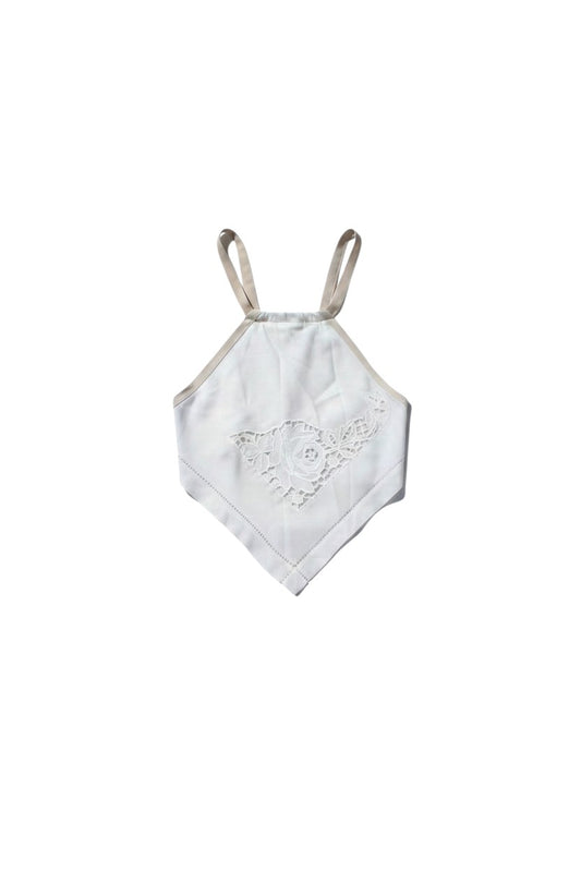 Thoughts Reworked white bandana top made from vintage semedaki tablecloth with lace detail and beige straps.