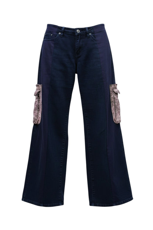 Thoughts Reworked wide leg dark wash denim jeans with unique bleached fabric scrap pockets.