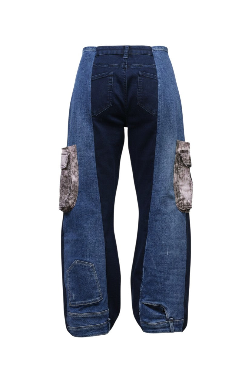 Thoughts Reworked wide leg jeans made from preloved denim with unique bleached fabric scrap pockets.