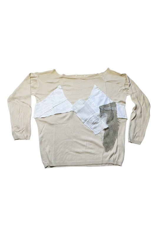 Thoughts Reworked beige knit sweater with avant-garde patchwork of white cotton, grey tweed, and lace trim. Asymmetrical deconstructed design.