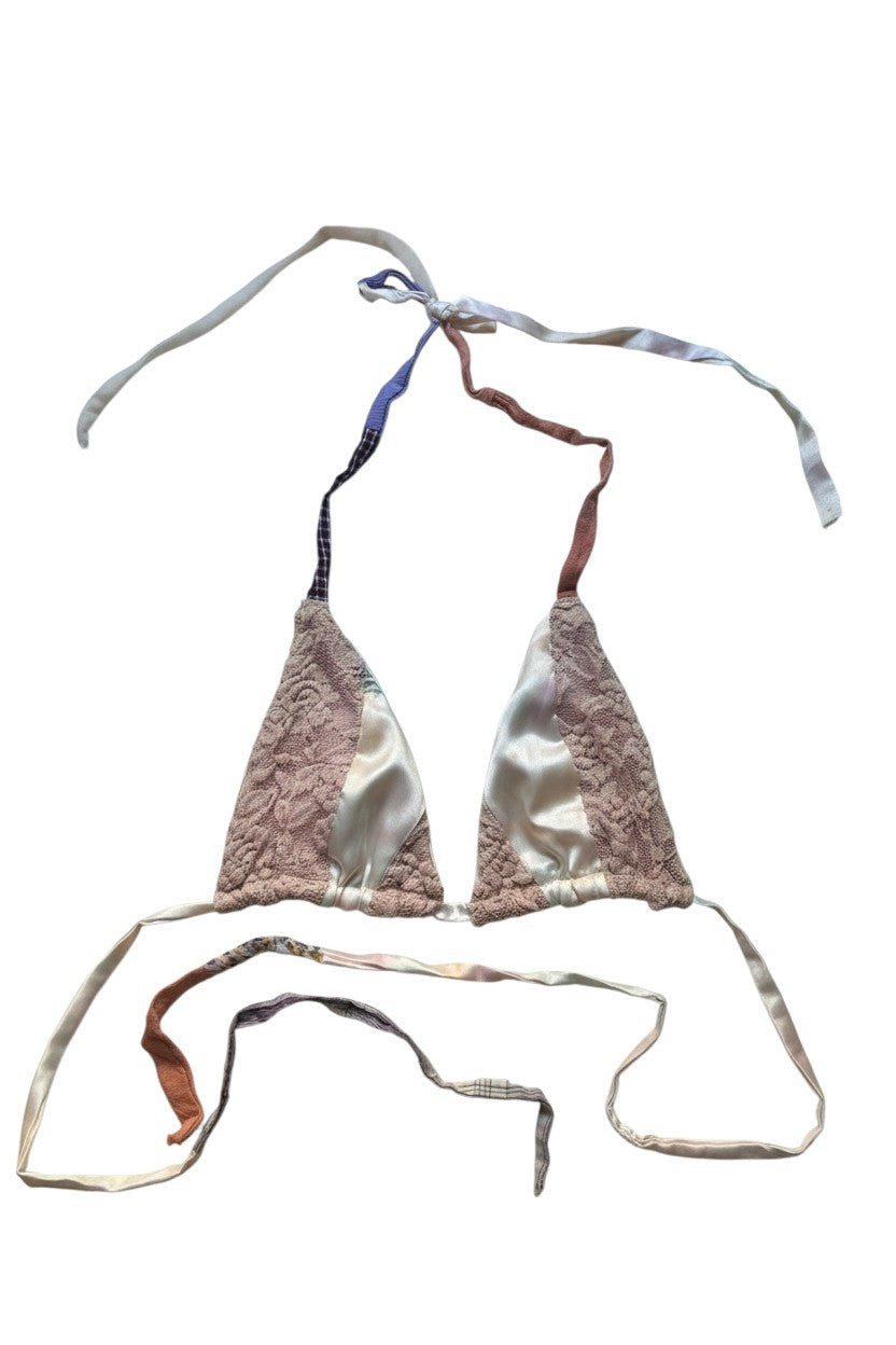 Thoughts Reworked pastel tie-dye patchwork bikini top with lace trim and adjustable halter neck and tie-side bottoms.